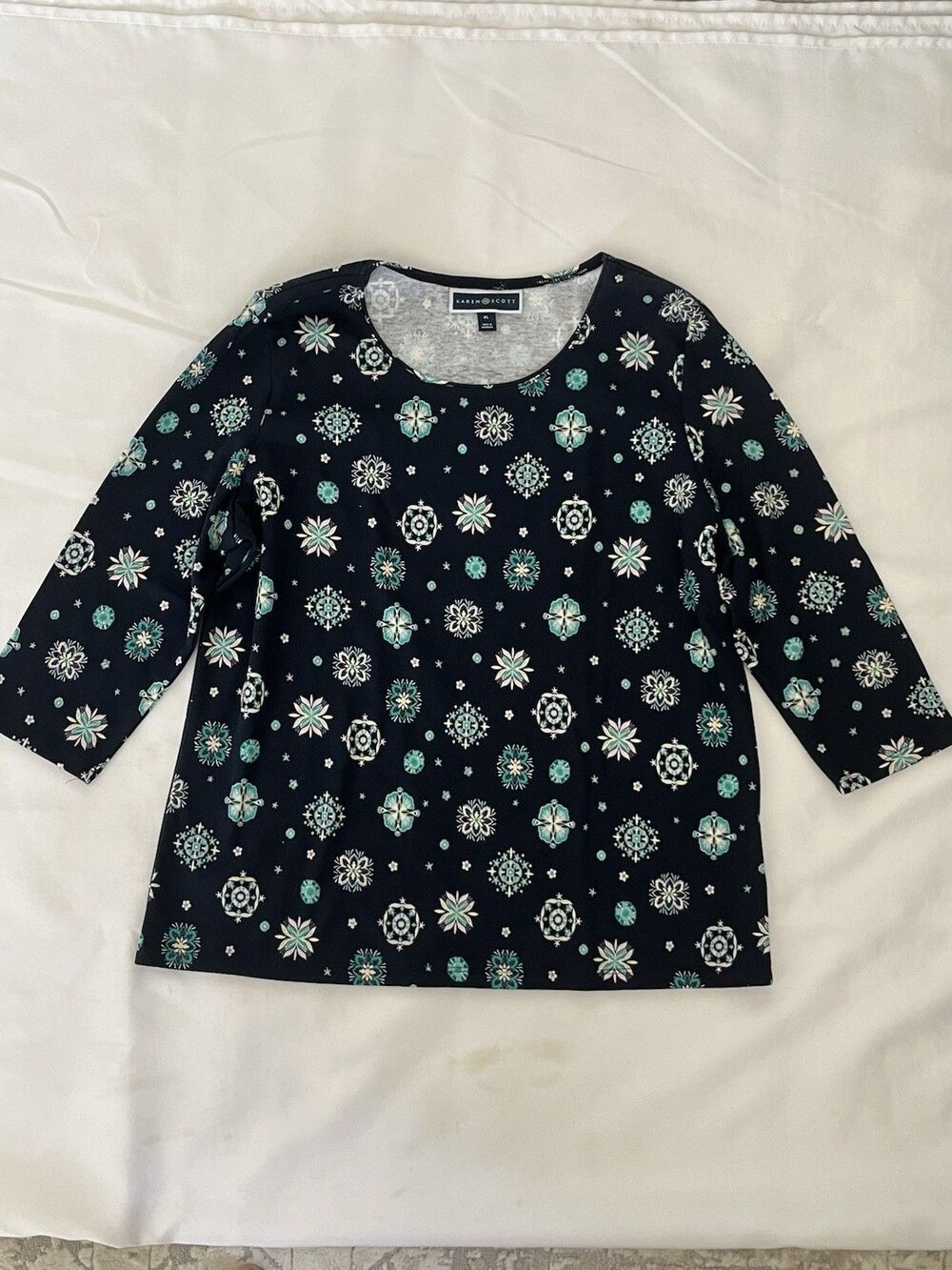Karen Scott Women's Shirt Blouse P. Large Dark Blue Green Prints 3/4 Sleeves